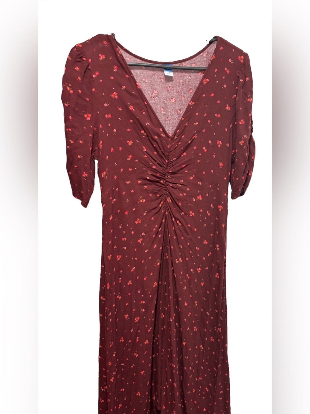 Old Navy Burgundy Floral Ruched V-Neck Midi Dress